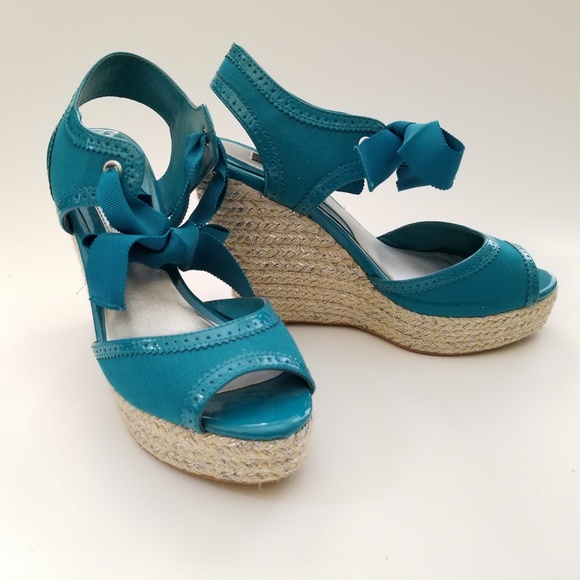 blue canvas wedge shoes